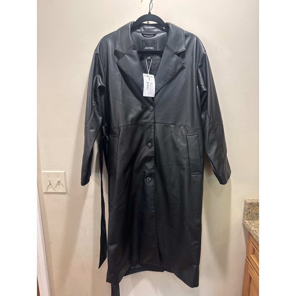 NWT‎ MONKI Black Faux Leather Trench Coat Longline Belted Jacket Small Matrix